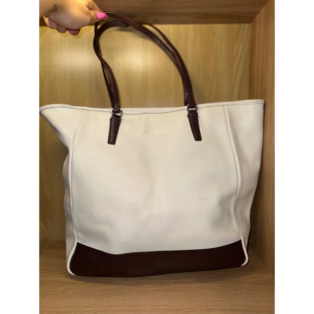 Coach Saffiano Leather City Tote Cream Brown Shoulder Bag